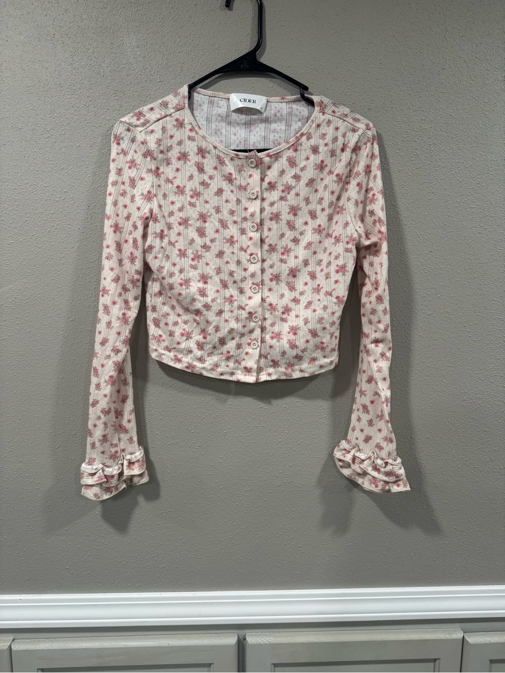 Cider Cream and Pink Floral Button-Front Ribbed Top - Picture 3 of 7